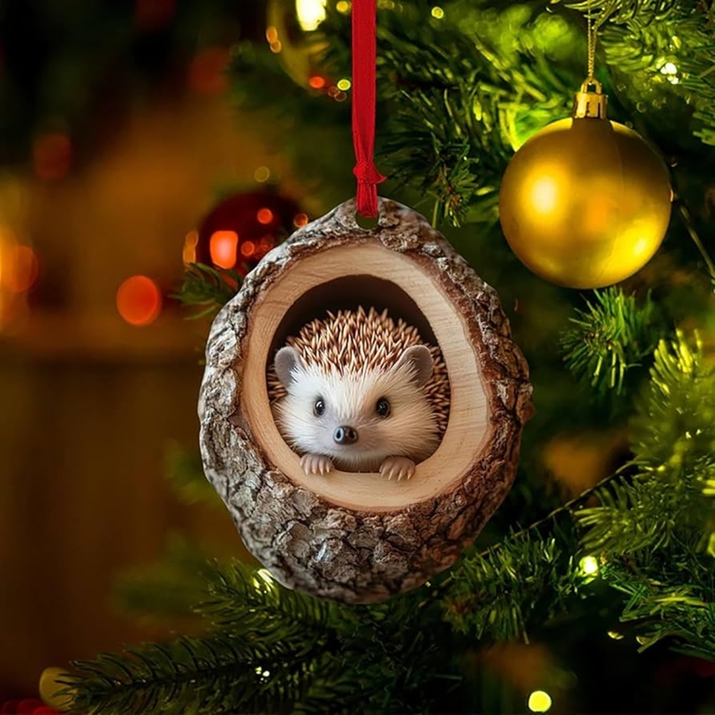 Christmas Ornament: Whimsical Hedgehog Flat Disc, Acrylic Holiday Pendant