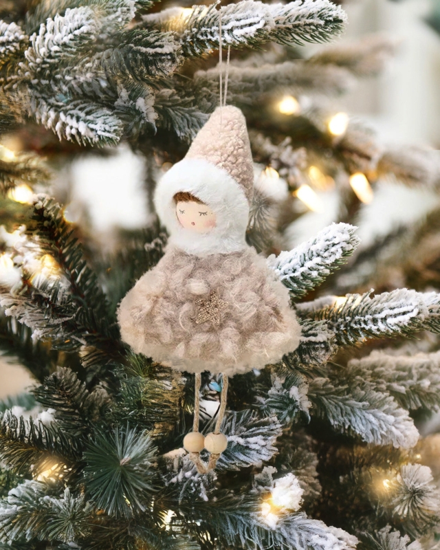 Christmas Ornament Wooden Bead Head Gold Wings Whimsical Doll