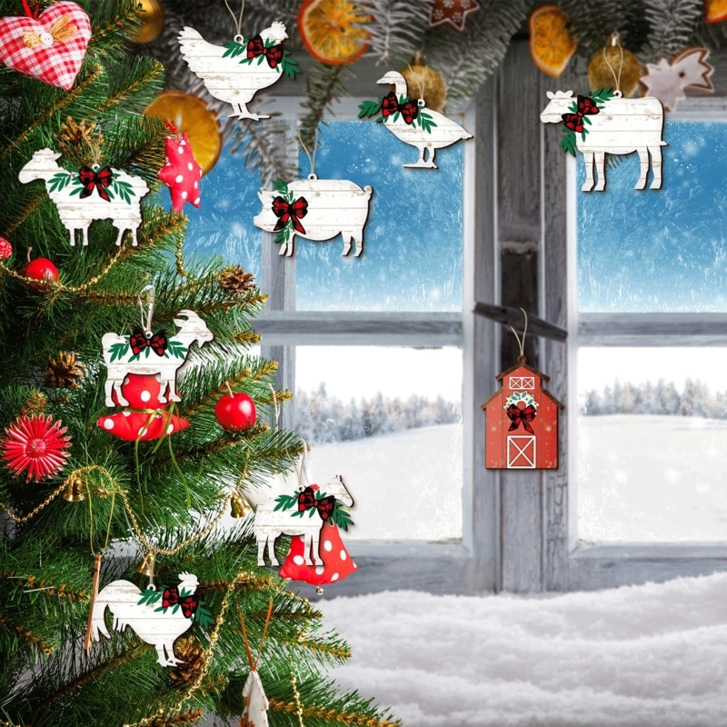 Christmas Ornaments: Buffalo Plaid Farm Animals, Rustic Wooden Cutouts