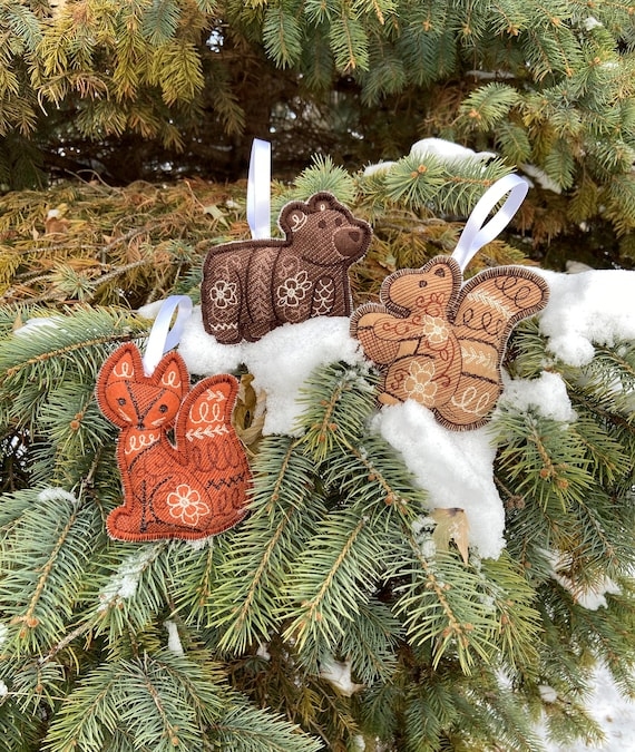 Christmas Ornaments: Embroidered Woodland Animals, Floral Cottagecore