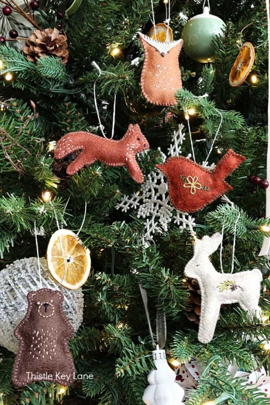 Christmas Ornaments: Felt Woodland Animal Set, Hand-Stitched Holiday Decor