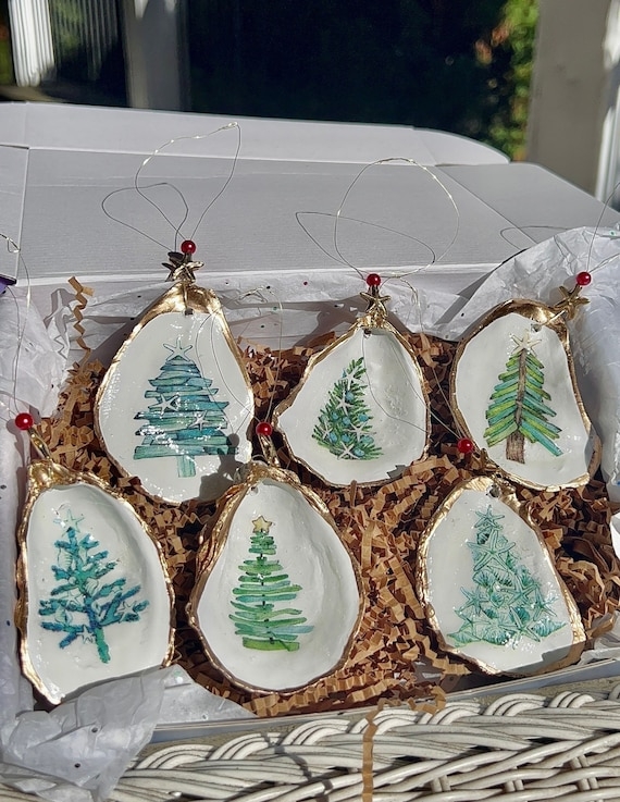 Christmas Ornaments: Gilded Oyster Shells with Sea Glass Motif and Twine
