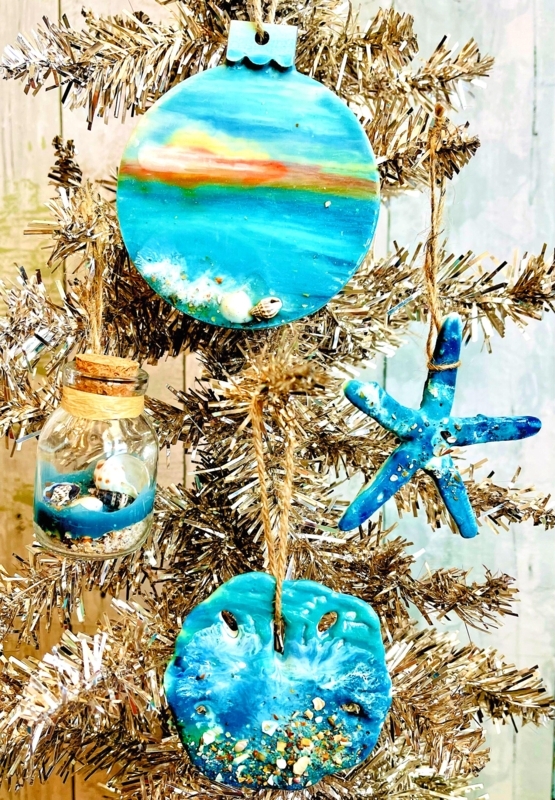Christmas Ornaments: Handmade Encaustic Art Discs with Ocean Wave Motif