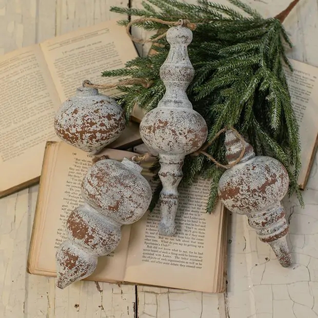 Christmas Ornaments, Heavily Chipped Whitewash, Elongated Finials