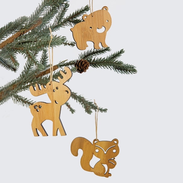 Christmas Ornaments: Laser-Etched Bamboo Silhouettes, Minimalist Set