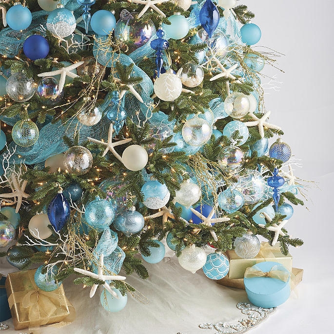 Christmas Ornaments: Mercury Glass Sea Life Motifs in Blue and Gold Set