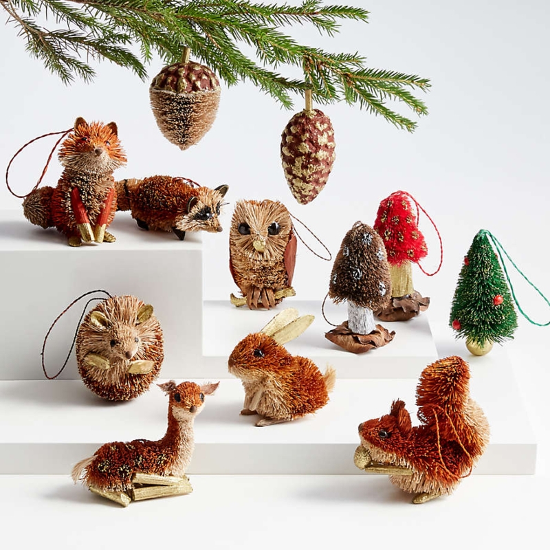 Christmas Ornaments: Natural Fiber Buri Woodland Creatures, Earthy Set