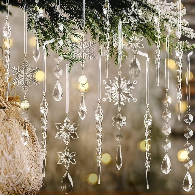 Christmas Ornaments Set: Clear Acrylic Snowflake and Icicle Drops