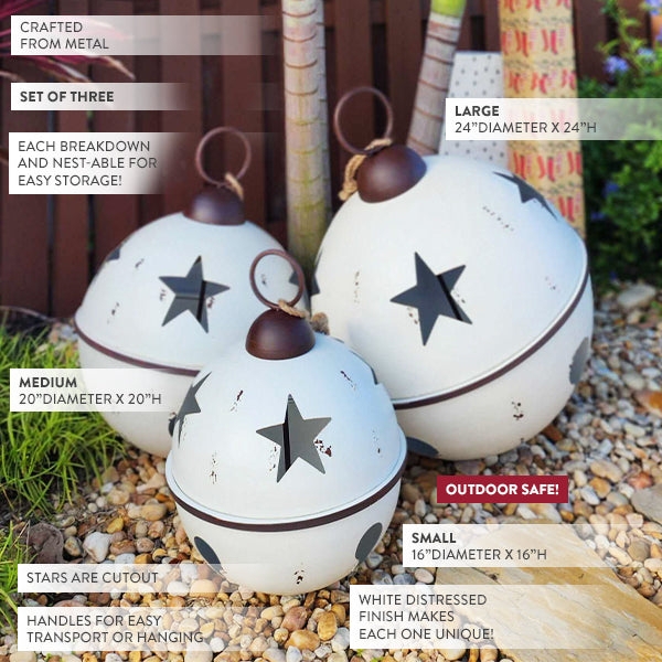Christmas Ornaments Set of 3 Distressed Rust and Blue Farmhouse Style