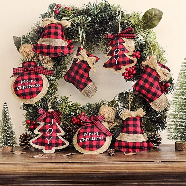 Christmas Ornaments: Stitched Burlap Details on Assorted Holiday Shapes.