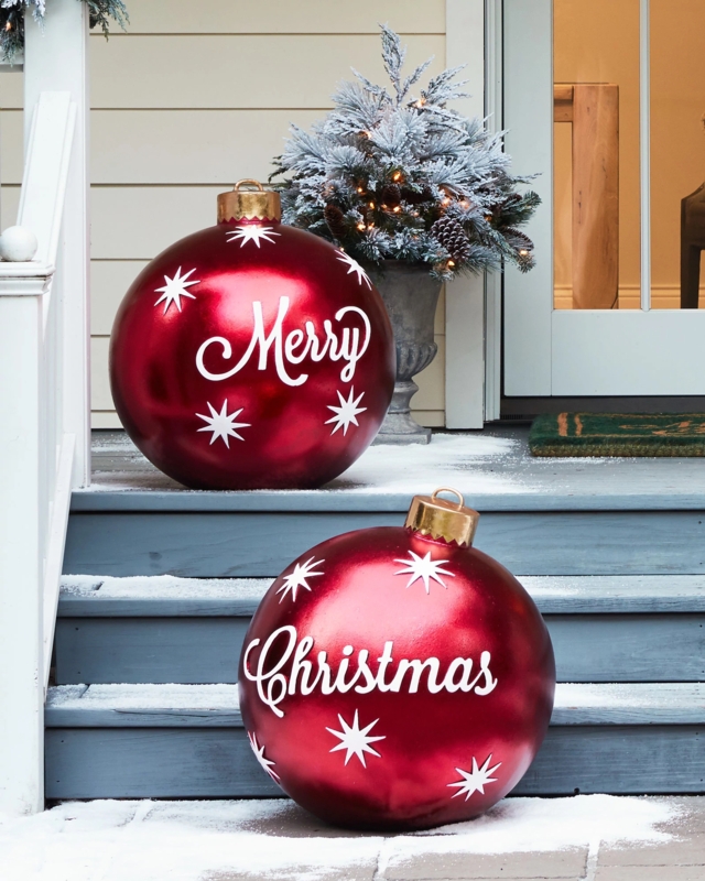 Christmas Ornaments with Gold Cursive Lettering for Festive Front Porch