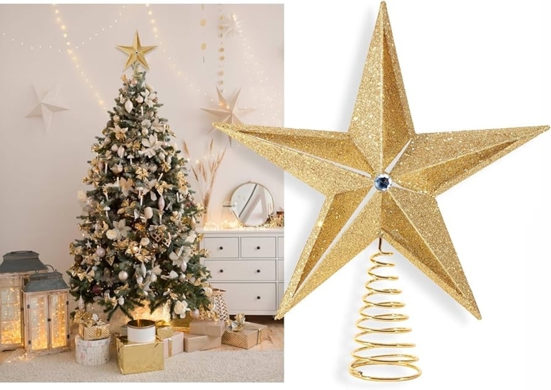 Christmas Tree Topper Gold Glittered Filigree Spiral Base Star