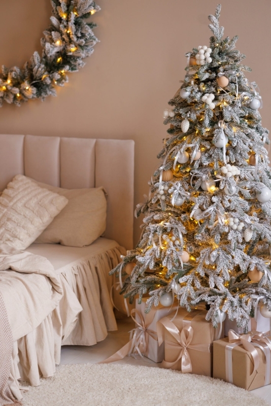 Christmas Tree White Flocked Fluted Wall Paneling Bedroom Decor