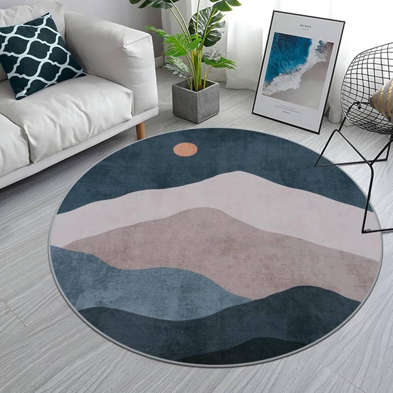 Circular Area Rug Abstract Landscape Motif Navy Terracotta Modern Boho