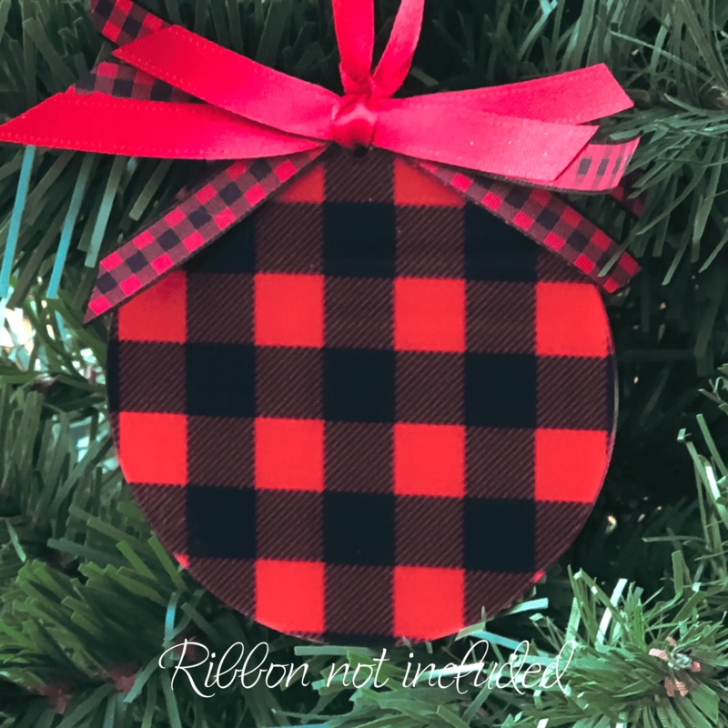 Circular Christmas Ornament: Flat Acrylic-Like Disc, Red Buffalo Plaid.