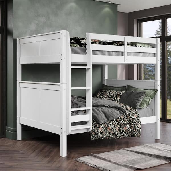 Classic White Full Over Full Bunk Bed with Panel Design and Ladder