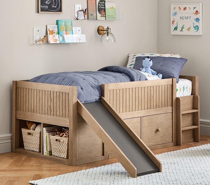 Classic White Low Loft Bed with Slide & Slat Safety Rails
