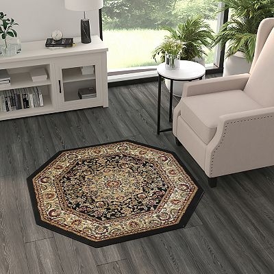 Classical Floral Border Area Rug in Black Octagon with Red Accents