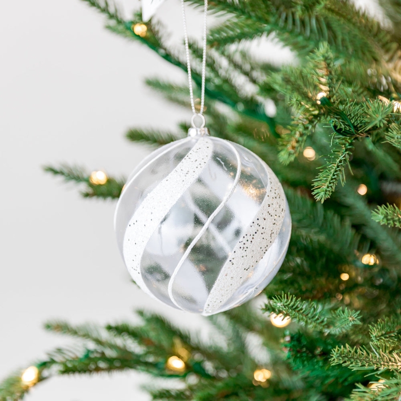 Clear Glass Ball Ornament Silver Swirl Pattern Elegant Holiday Decor