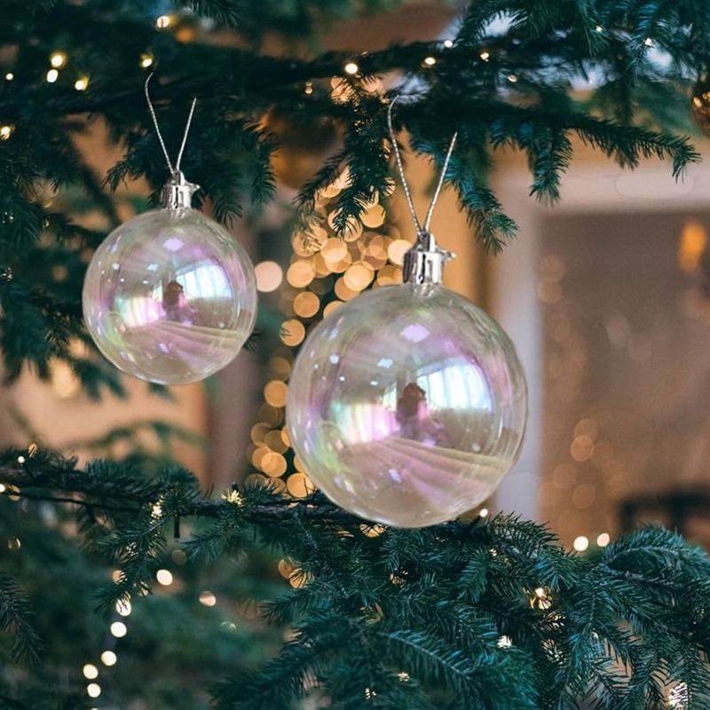Clear Iridescent Christmas Ornaments, Modern Prismatic Set of 12