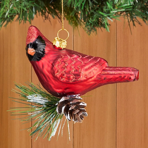 Clip-On Glass Bird Tree Decor, Vibrant Red Glass Cardinal with Glitter