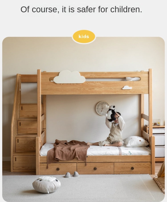 Cloud Themed Bunk Bed with Storage Stairs, Scandinavian Light Wood