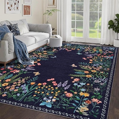 Coastal Area Rug, Blue and White Botanical Print Low Pile Decor
