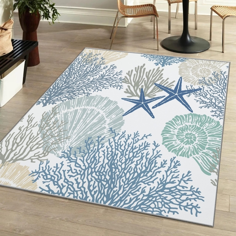 Coastal Area Rug: Blue Starfish & Coral Motifs, Washable Look