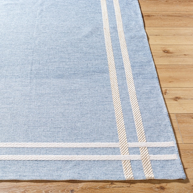 Coastal Blue Area Rug, Multi-Layer Border & Flat-Woven Texture Decor
