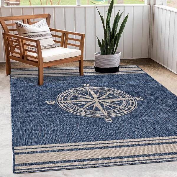 Coastal Patio Area Rug with Compass Design, Indoor Outdoor Deck Decor