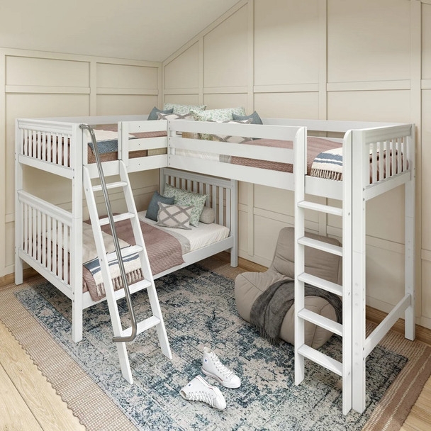 Coastal White L-Shaped Triple Loft Bunk Bed with Slatted Ends