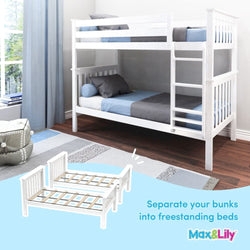 Coastal White Slatted Bunk Bed with Angled Ladder for Kids Room