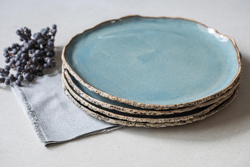 Cobalt Blue Dinnerware Set, Glossy Ceramic Plates with Organic Edges.
