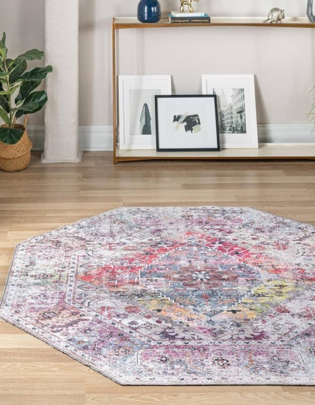 Colorful Geometric Flatweave Rug with Washable Octagonal Design