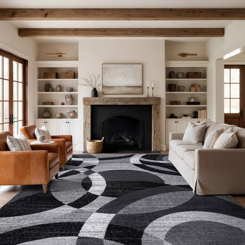 Contemporary Area Rug Gray Overlapping Circle Pattern Geometric Decor