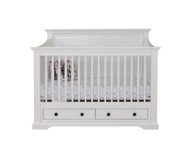 Convertible Crib featuring Recessed Panels and Integrated Base Drawer