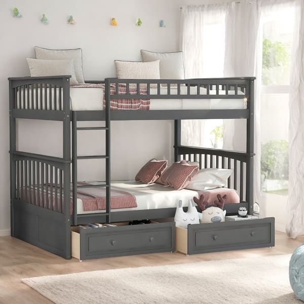 Convertible Grey Full Over Full Bunk Bed with Underbed Drawers