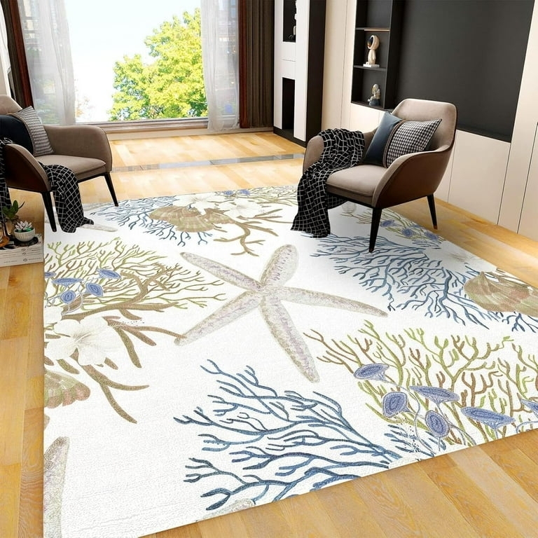 Coral and Blue Area Rug, Starfish and Seashell Nautical Pattern Decor