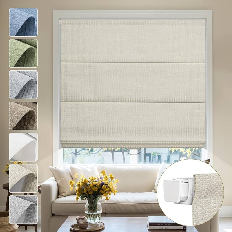 Cordless Roman Shade Beige Linen Texture Blackout Horizontal Folds