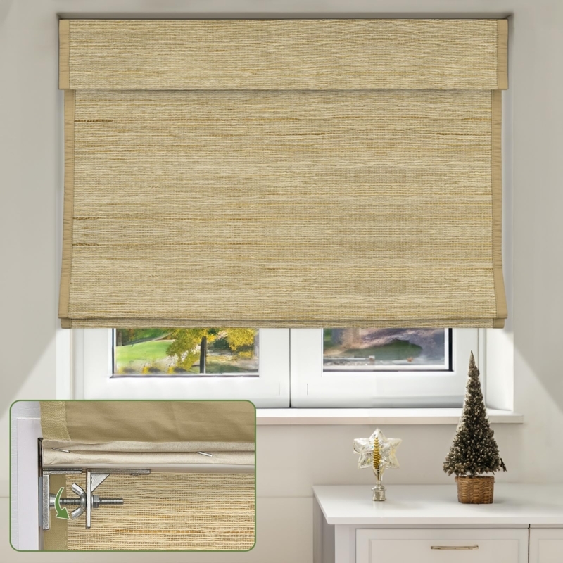 Cordless Roman Shade Caramel Woven Ramie Blackout Fabric