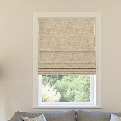 Cordless Roman Shade Taupe Heavy Woven Texture Horizontal Folds