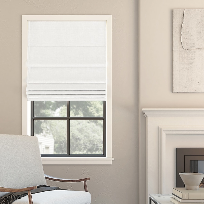 Cordless Roman Shade White Blackout Linen Texture Stacked Folds