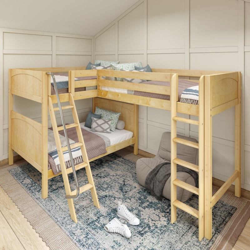 Corner Loft Bed with Dual Ladder System and Slatted Guardrails