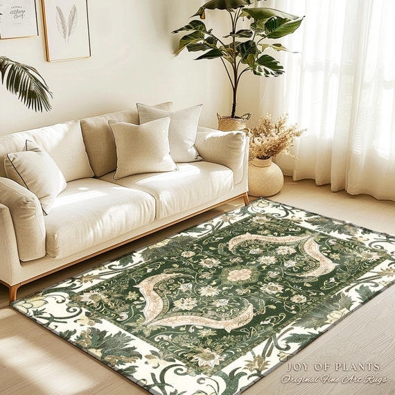 Cottagecore Area Rug with Botanical Floral Design and Low Pile