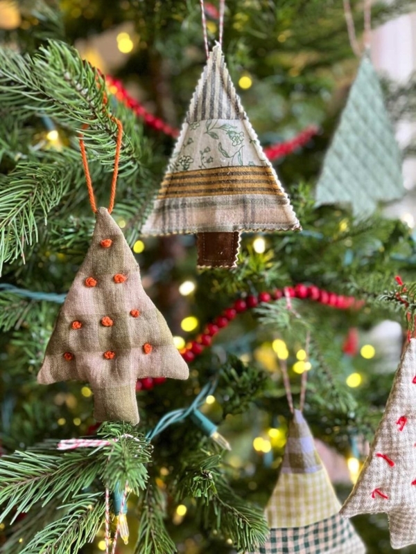 Cottagecore Fabric Tree Ornament with Botanical Print and Twine Loop