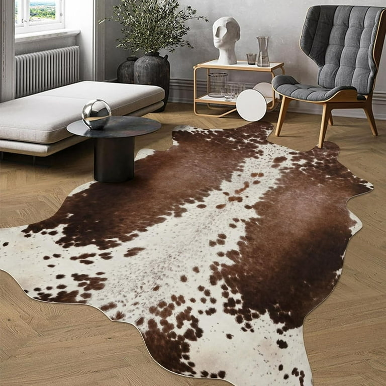 Cowhide Rug Faux Leather Irregular Shape Tan And White Print