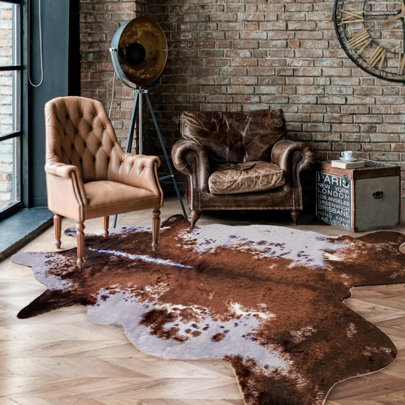 Cowhide Rug Irregular Shape Faux Fur Black And White Living Room Rug