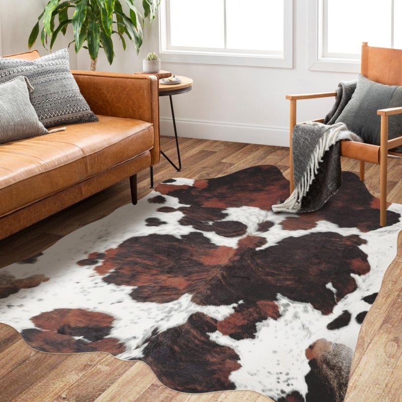 Cowhide Rug Matte Finish Tricolor Pattern Irregular Shape Low Profile