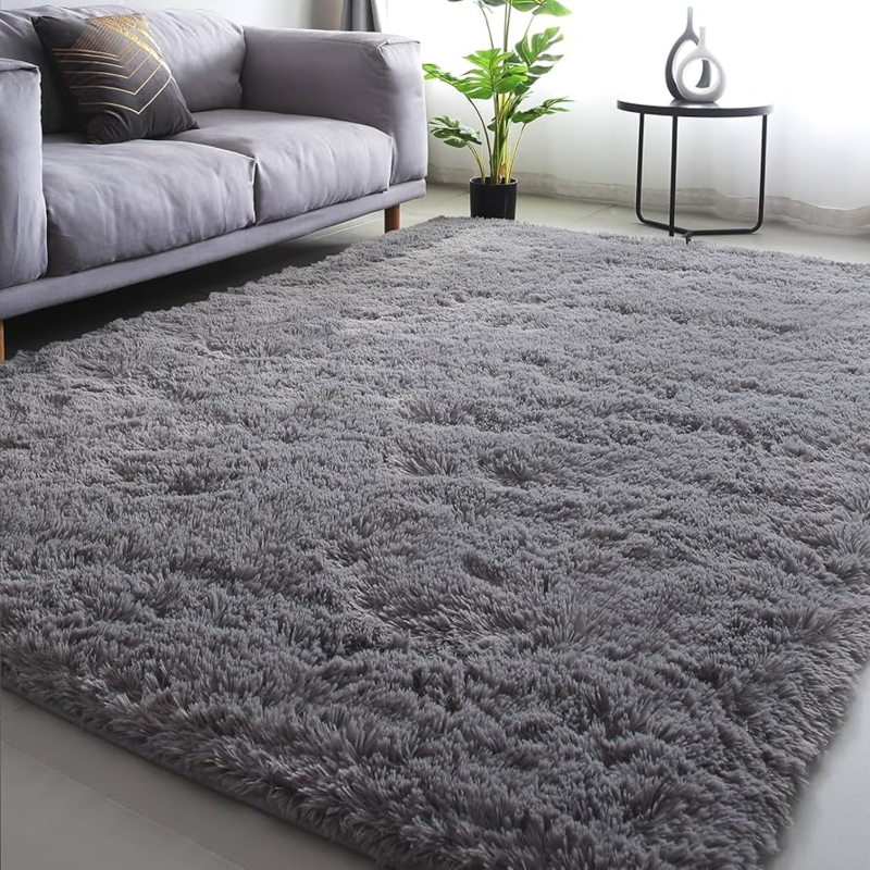 Cozy Charcoal Shag Area Rug, High Pile. Minimalist Design.