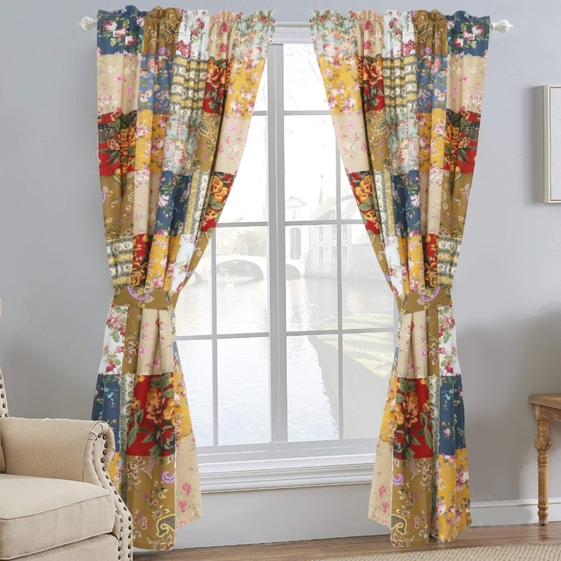 Cozy Line Home Fashions Ryleigh Floral Print Plaid 100% Cotton Real Patchwork Window Curtains with Tie Backs Set(2 Panels,84" x 53")